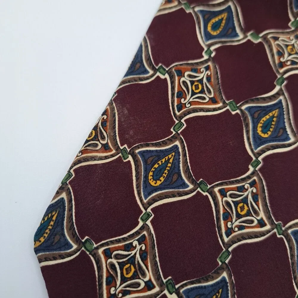 Vintage Chaps Ralph Lauren Tie Burgundy Multicolor Geometric 100% Silk USA‎